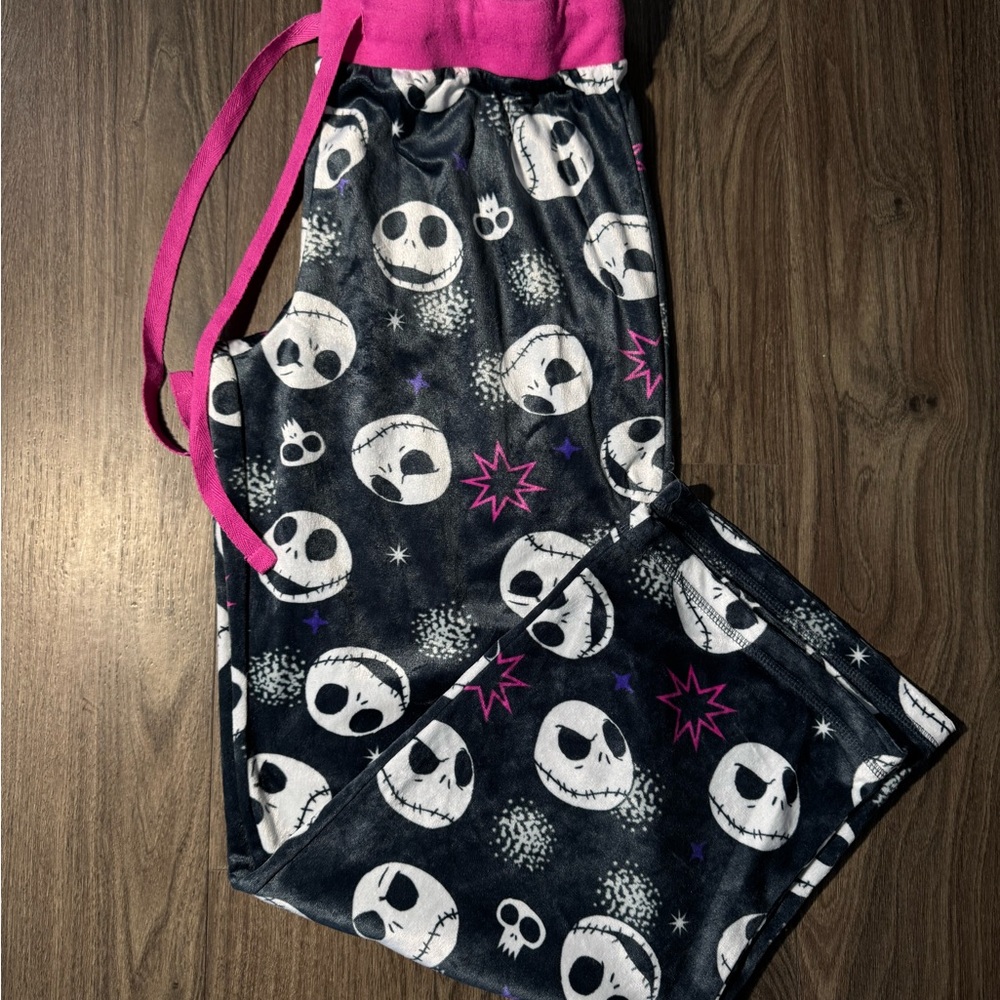 Disney Grey Fleece Pajama Pants with Pink Waistband - Jack Skellington Print